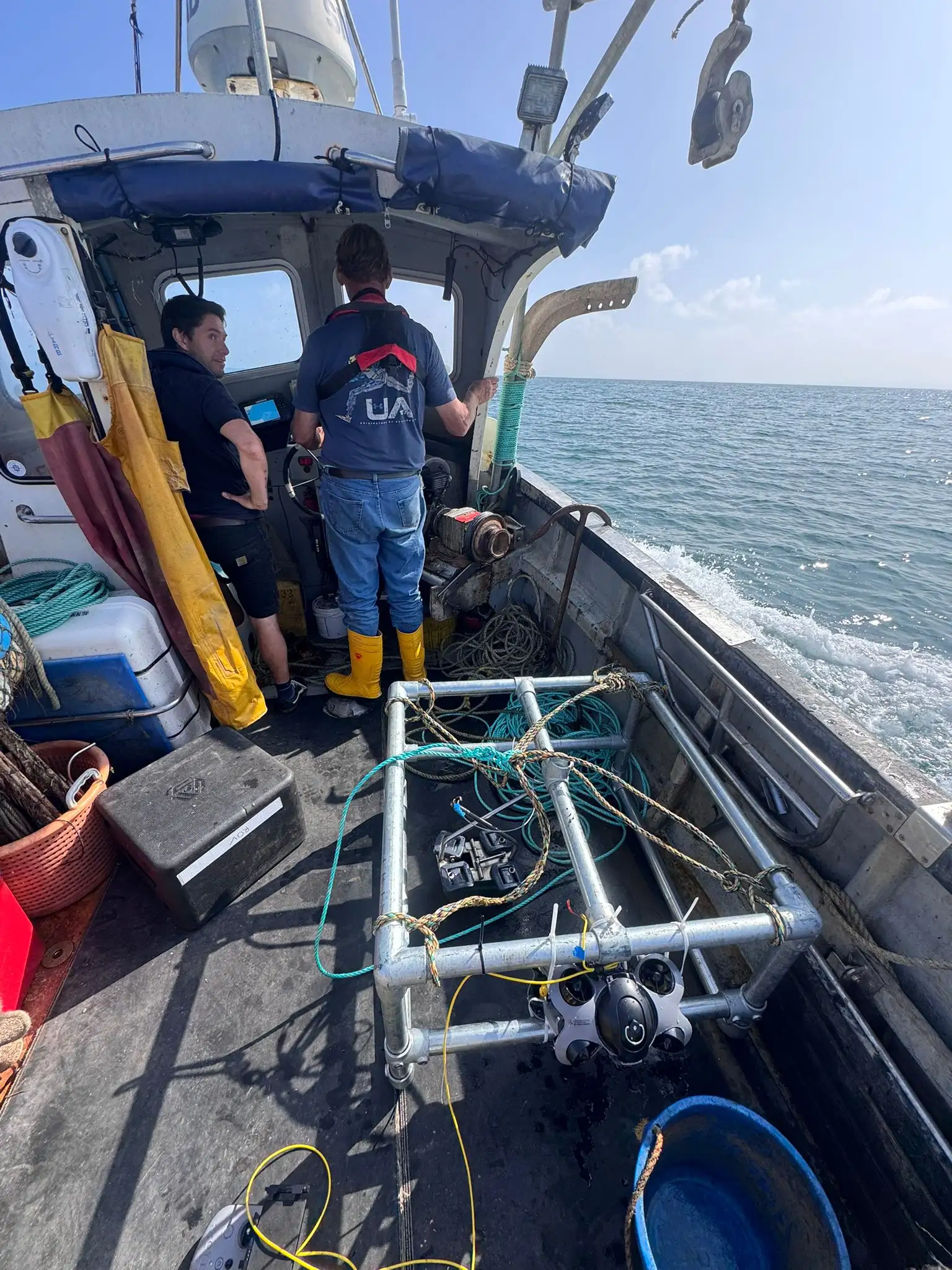 Monitoring frame on a boat deck at sea