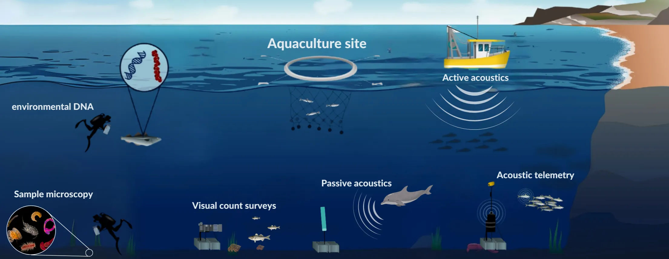 How these methods can be deployed around an aquaculture site. Image adapted from English et al. (2024)