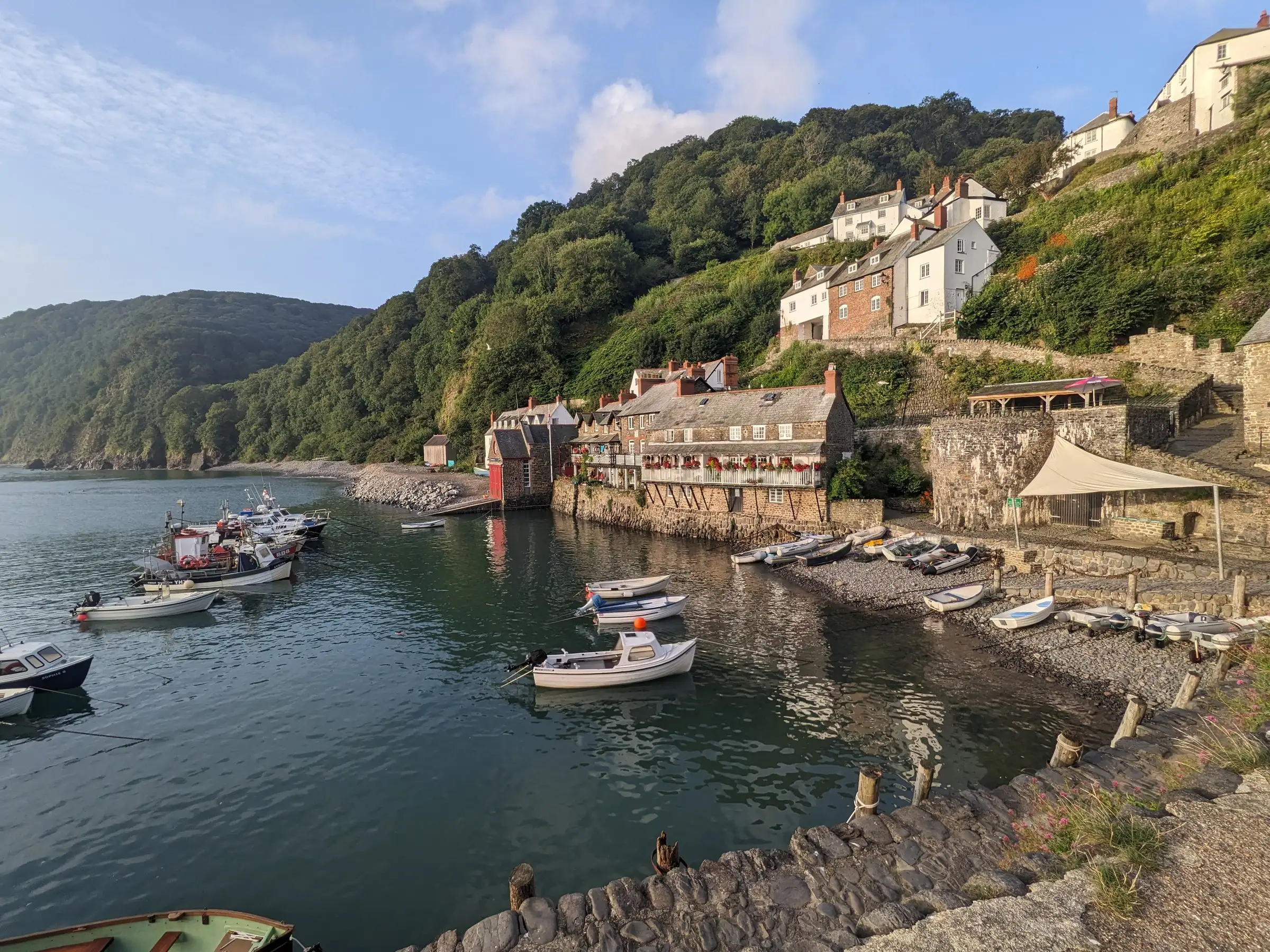 Coastal harbour village with moored boats on the North Devon coast