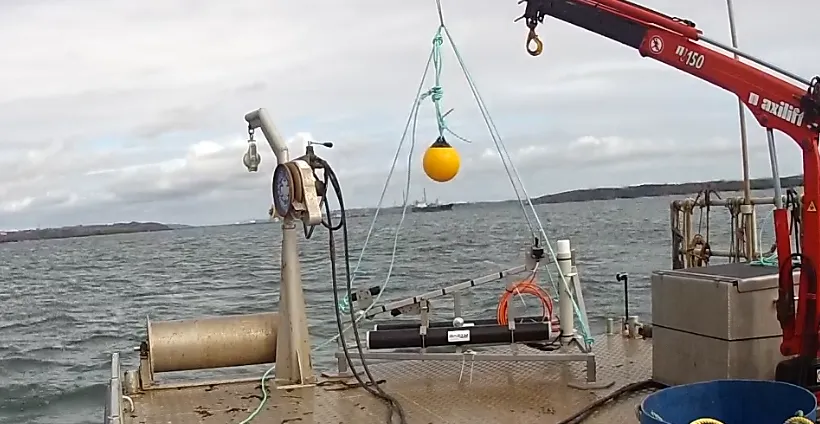A seabed frame equipped with the PEBL SubCam2 and acoustic monitoring probes is carefully lowered into place at a site in Pembrokeshire.