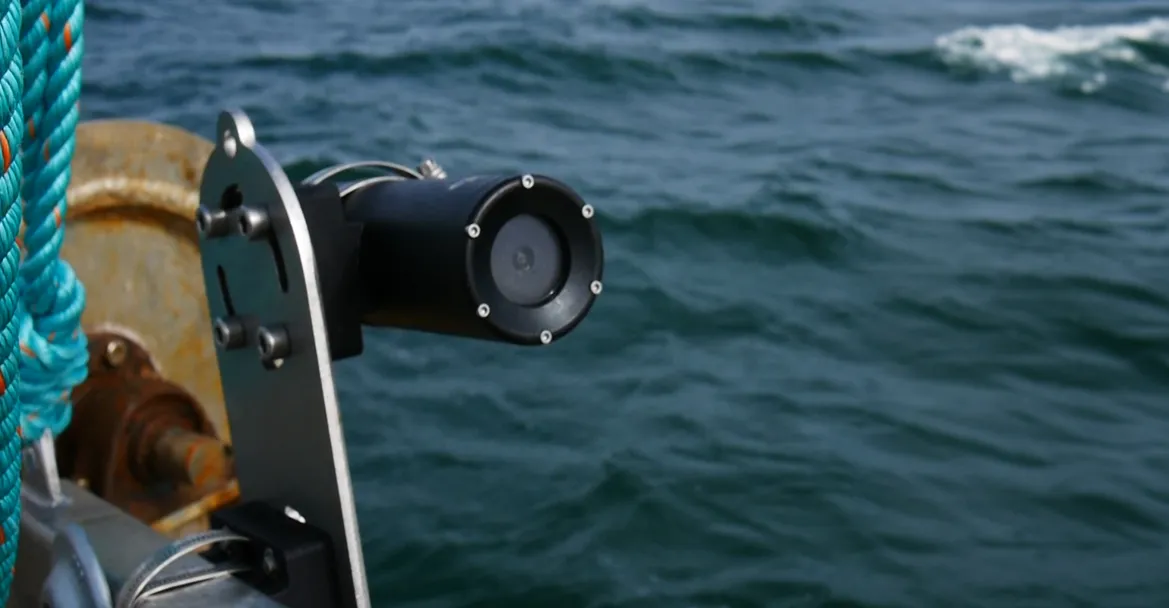 The PEBL SubCam2, mounted and ready for deployment at an offshore wind test site.